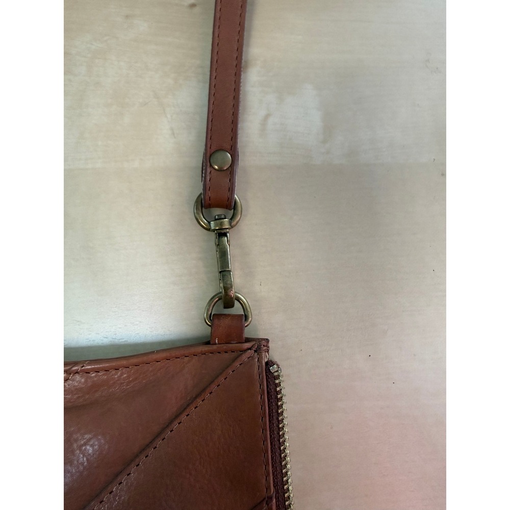 Lucky Brand Cognac Brown Leather Chevron Stitch Wristlet Clutch Bag - Picture 2 of 10